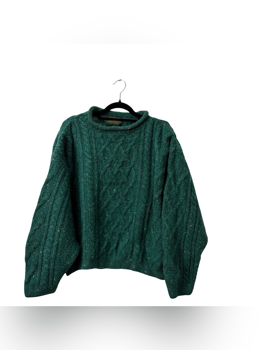 Doogan Donegal Aran-style cable-knit Rolledneck sweater Green w flecks Sz Small